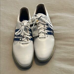 Men's White and Blue Adidas Golf Shoes